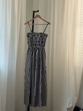 Black and White Striped Smocked Midi Dress